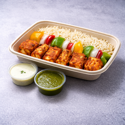 Seafood platter (Fish and shrimp) with cumin rice served with mint yogurt sauce